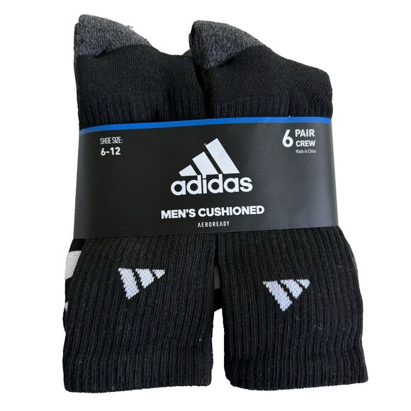 Adidas Socks Aeroready Mens 6 Pair Black Cushioned Crew Sock Casual Athletic NWT - Picture 1 of 3